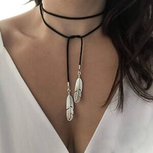 Free People Silver Feather Black Leather Wrap Necklace